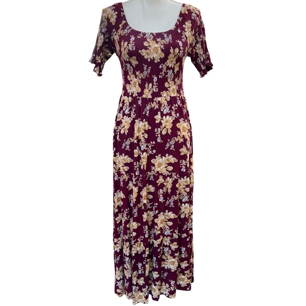 Natural Life Burgundy Floral Maxi Dress Short Sleeve Scoop Neck Boho Size M